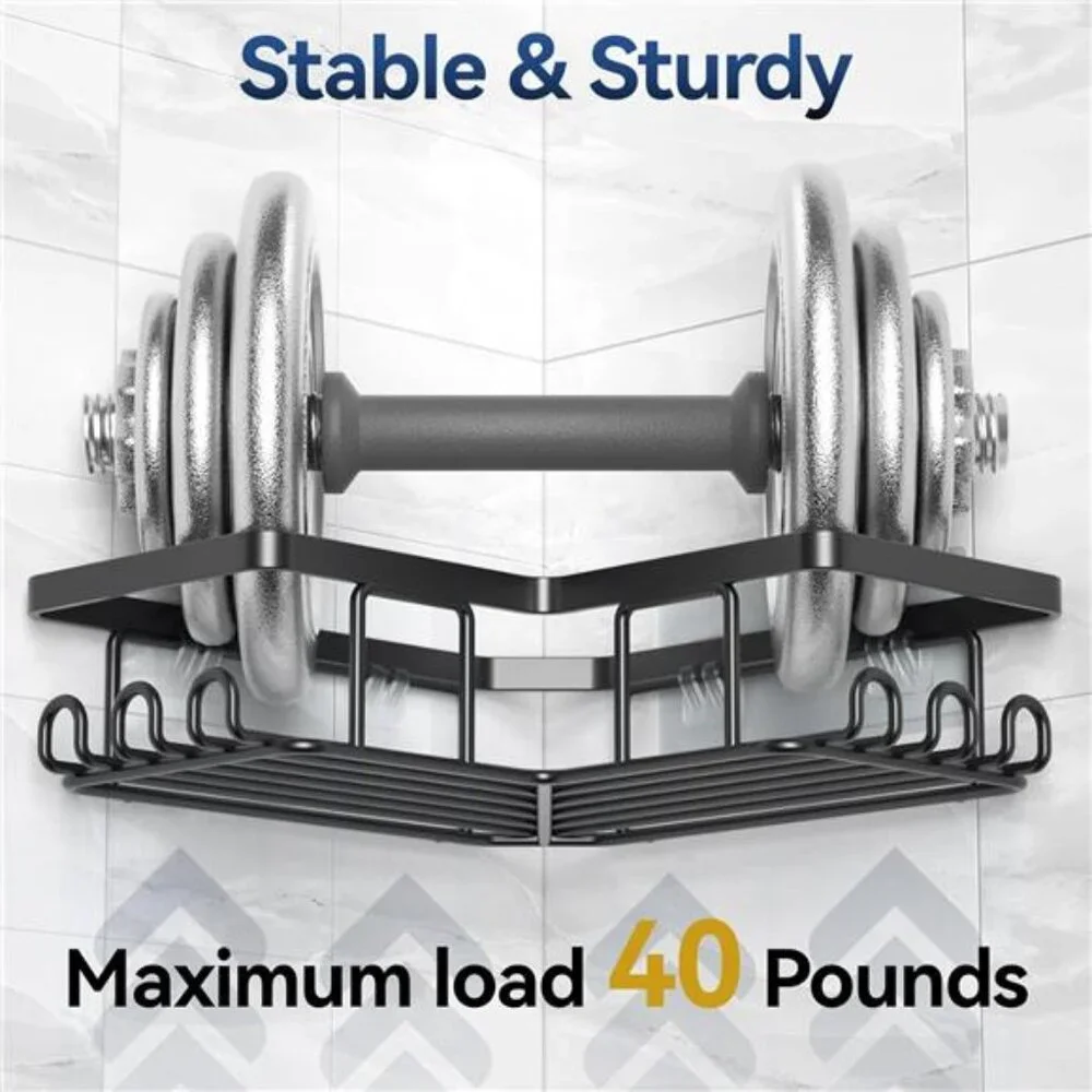 Corner Adhesive Shower Caddy, with Soap Holder and 12 Hooks, Rustproof